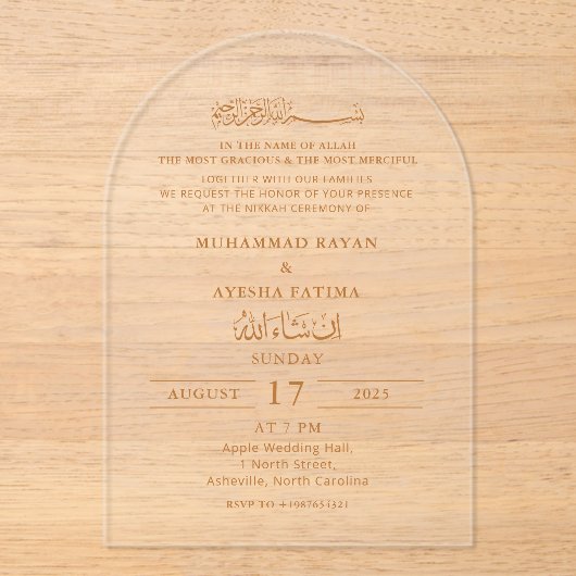 Minimalistische moderne Nikkah islamitische islami Acryl Uitnodigingen (Voorkant)