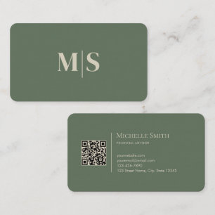 Minimalistische moderne olijfgroene initiaal QR-co Visitekaartje