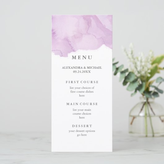 Minimalistische moderne Paarse Waterverf bruiloft  Menu (Staand voorkant)