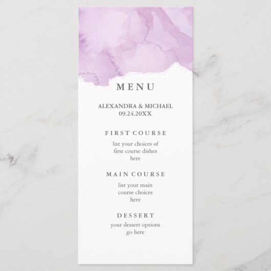 Minimalistische moderne Paarse Waterverf bruiloft  Menu (Voorkant)