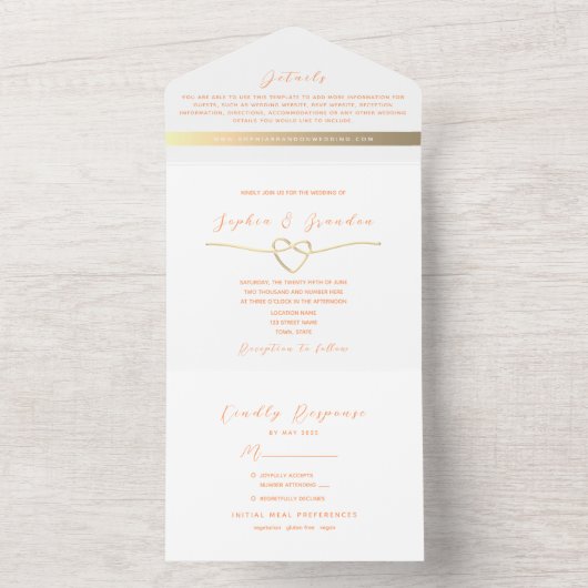 Minimalistische moderne perzik fuzz bruiloft all in one uitnodiging (Binnen)