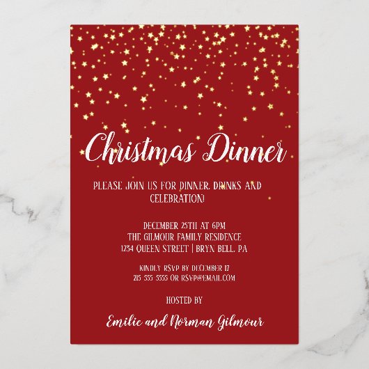 Minimalistische moderne rode kerstdiner goud folie uitnodiging (Voorkant)