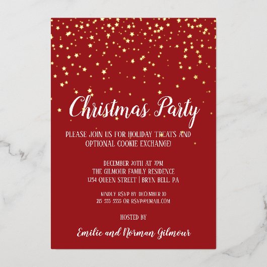 Minimalistische moderne rode kerstfeest goud folie uitnodiging (Voorkant)