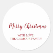 Minimalistische moderne rode vrolijke kerstcadeau ronde sticker (Voorkant)