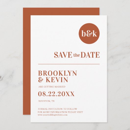 Minimalistische moderne Rust Terracotta Wedding Mo Save The Date (Voorkant / Achterkant)