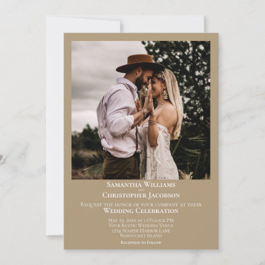 Minimalistische moderne Sandy Tan foto bruiloft Kaart (Voorkant)