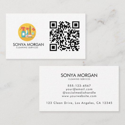 Minimalistische moderne schoonmaakdiensten QR-code Visitekaartje (Voorkant / Achterkant)