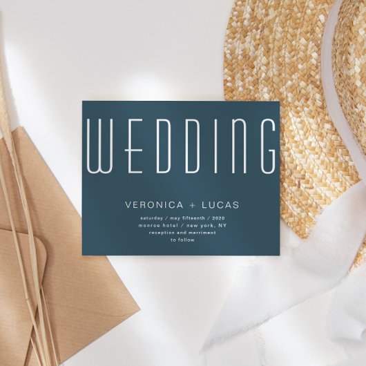 Minimalistische moderne script blauw en wit bruilo kaart