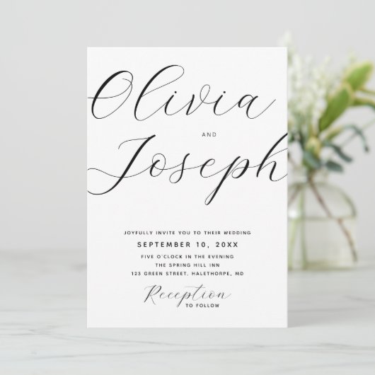 Minimalistische moderne script bruiloft. Foto en Q Kaart (Staand voorkant)