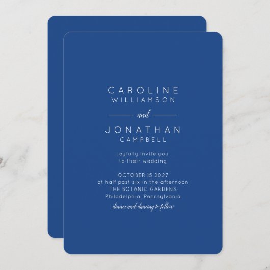 Minimalistische moderne script bruiloft kobalt bla kaart (Voorkant / Achterkant)