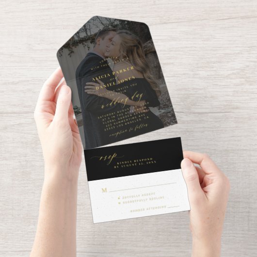 Minimalistische moderne script foto bruiloft all in one uitnodiging (Uittrekbaar)