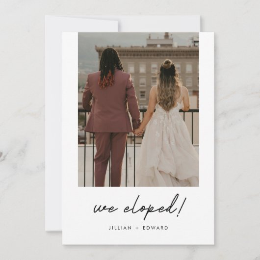 Minimalistische moderne script foto bruiloft Elope Aankondiging (Voorkant)