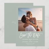 Minimalistische moderne script groene chic foto save the date (Voorkant / Achterkant)