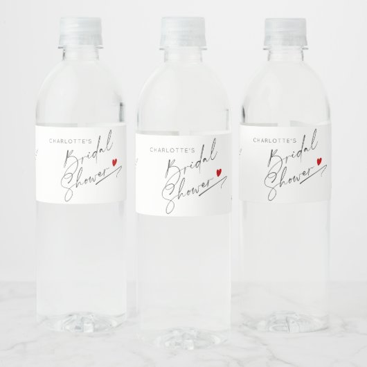 Minimalistische moderne script hart Bruids douche Waterfles Etiket (Flessen)