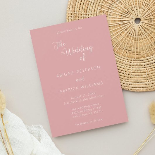Minimalistische moderne script roze trouwkaart kaart
