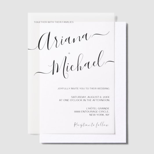 Minimalistische moderne scriptnamen bruiloft overl vellum uitnodigingen (Offset)