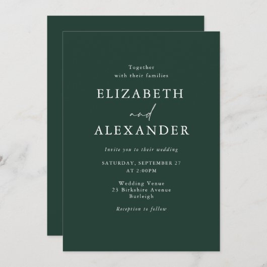 Minimalistische moderne smaragd groene bruiloft kaart (Voorkant / Achterkant)
