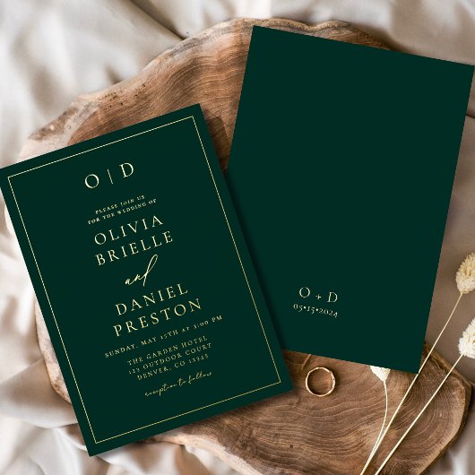 Minimalistische moderne smaragdgroene gouden bruil folie uitnodiging