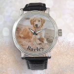 Minimalistische moderne stijlvolle hond foto naam horloge<br><div class="desc">Zet je hond in het afbeelding met dit stijlvolle, aanpasbare horloge. Uw eigen keuze van favoriete foto's wordt weergegeven op de wijzerplaat, met tekst (zoals de naam van uw hond) gebogen rond de onderste rand in stijlvolle letters. Met een eenvoudige minimalistische stijl en aangepaste aantrekkingskracht is het horloge een ideaal...</div>
