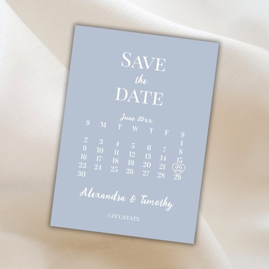 Minimalistische moderne stoffige blauwe kalender t save the date