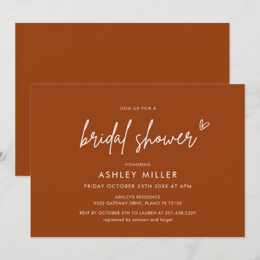 Minimalistische Moderne Terracotta Bruidsfeest Uit Kaart (Voorkant / Achterkant)