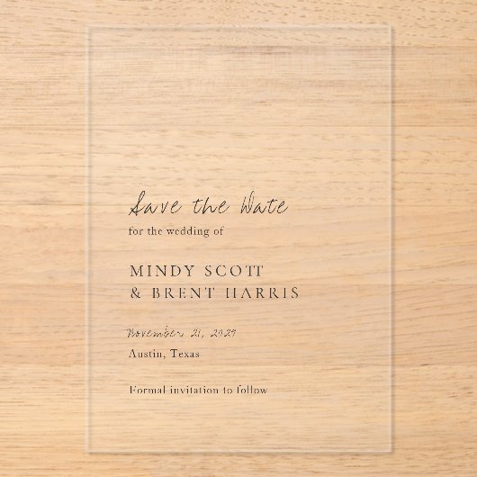 Minimalistische moderne trouwkaart Save the Date Acryl Uitnodigingen (Voorkant)