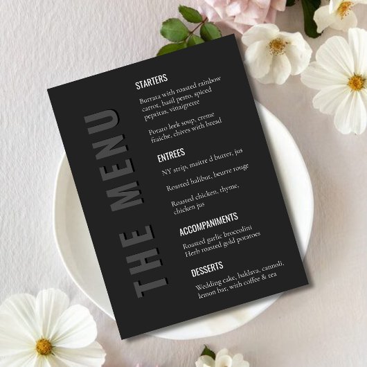 Minimalistische moderne trouwmenu in zwart