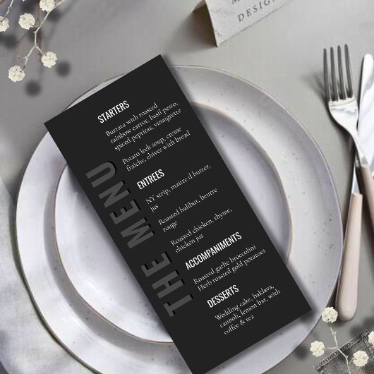 Minimalistische moderne trouwmenu in zwart menu