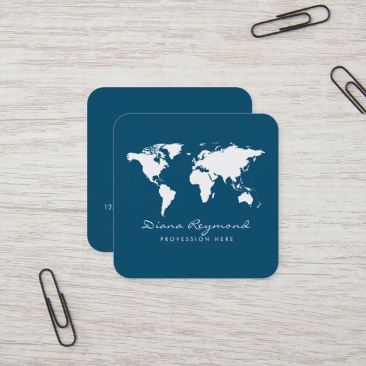 Minimalistische moderne Wereldkaart Ocean-Blue Vierkante Visitekaartje (Voorkant / Achterkant in situ)