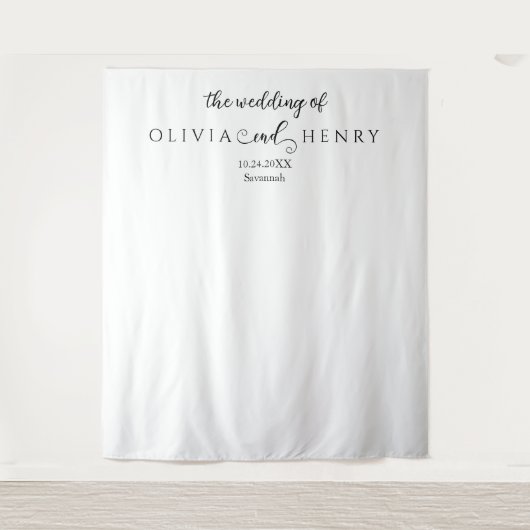 Minimalistische moderne witte bruiloft foto achter wandkleed (Voorkant)