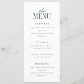 Minimalistische moderne witte en olijfgroene trouw menu (Voorkant)