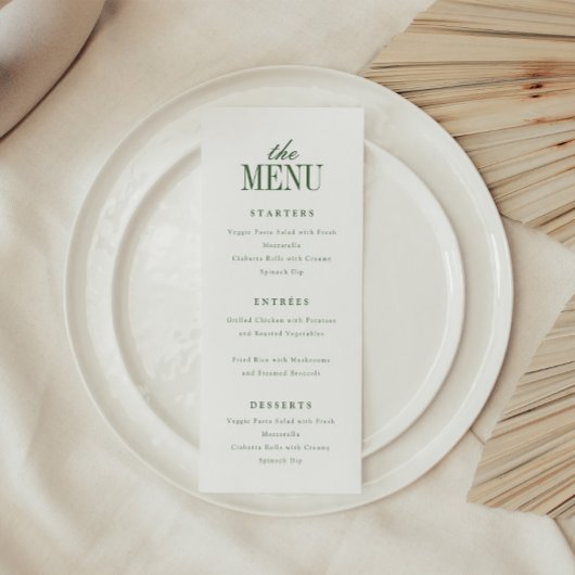 Minimalistische moderne witte en olijfgroene trouw menu
