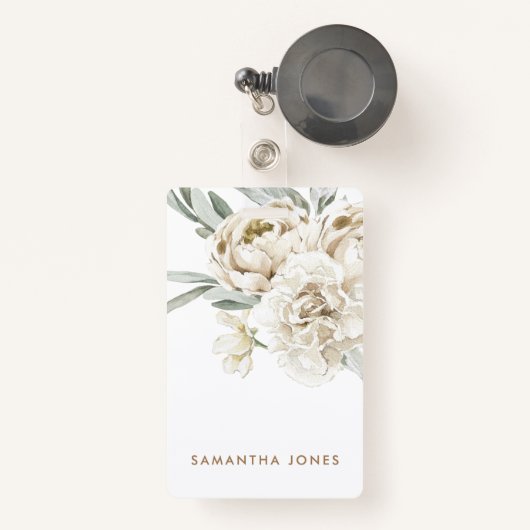 Minimalistische moderne witte Peonie bloemige Wate Badge (Voorkant met intrekbare)