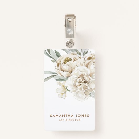 Minimalistische moderne witte Peonie bloemige Wate Badge (Achterkant met clip)