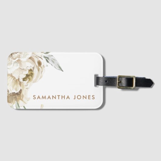 Minimalistische moderne witte Peonie bloemige Wate Bagagelabel (Voorkant (horizontaal))