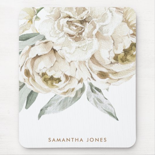 Minimalistische moderne witte Peonie bloemige Wate Muismat (Voorkant)