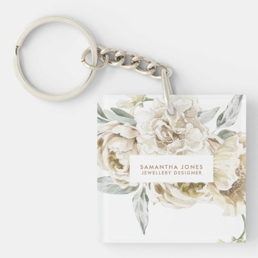 Minimalistische moderne witte Peonie bloemige Wate Sleutelhanger (voorkant)