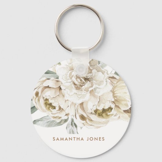 Minimalistische moderne witte Peonie bloemige Wate Sleutelhanger (Voorkant)