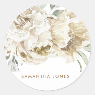Minimalistische Moderne Witte Pioen Bloemige Water Ronde Sticker