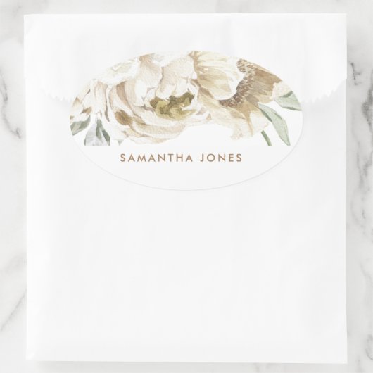 Minimalistische Moderne Witte Pioenroos Bloemige W Ovale Sticker (Tas)