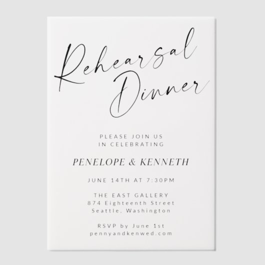 Minimalistische Moderne Witte Script Proefavondete Vellum Uitnodigingen (Voorkant)