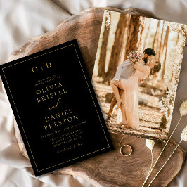 Minimalistische Moderne Zwart Gouden Foto Huwelijk Kaart