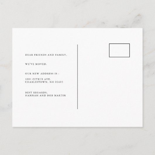 Minimalistische moderne zwart-wit bewegende aankondigingskaart (Achterkant)