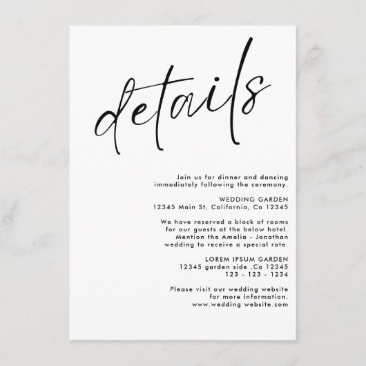 Minimalistische moderne zwart-wit bruiloft details informatiekaartje (Voorkant)