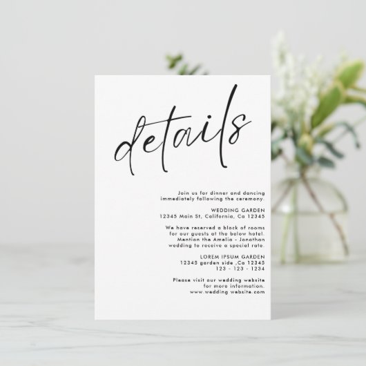 Minimalistische moderne zwart-wit bruiloft details informatiekaartje (Staand voorkant)