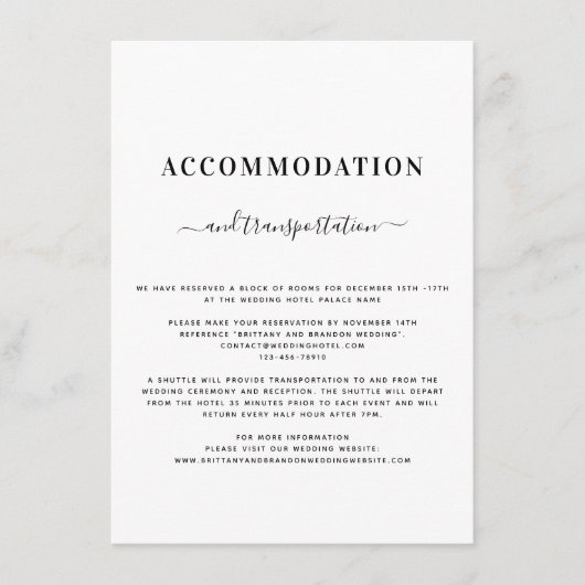 Minimalistische moderne zwart-wit bruiloft details informatiekaartje (Voorkant)