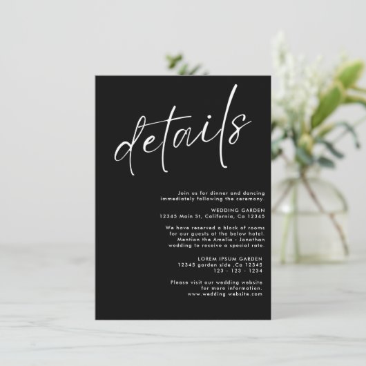 Minimalistische moderne zwart-wit bruiloft details informatiekaartje (Staand voorkant)