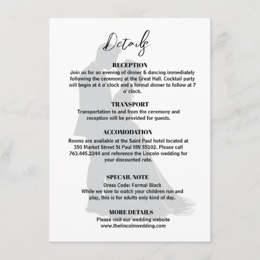 Minimalistische moderne zwart-wit bruiloft details informatiekaartje (Voorkant)