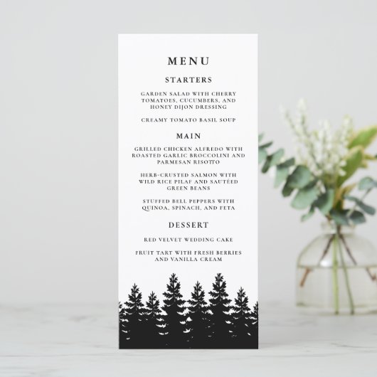 Minimalistische Moderne Zwart Wit Winter Trouwtafe Menu (Staand voorkant)