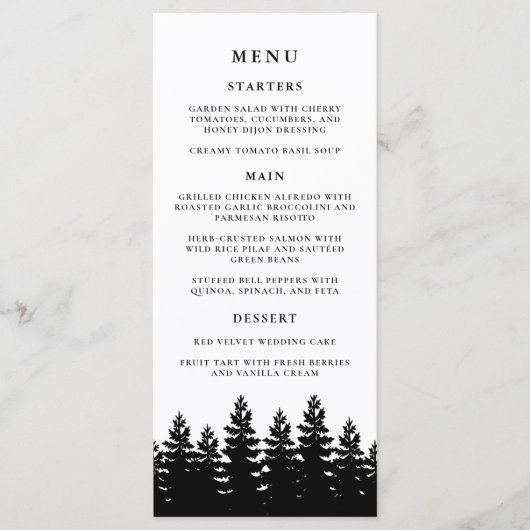 Minimalistische Moderne Zwart Wit Winter Trouwtafe Menu (Voorkant)
